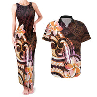 Polynesian Art Tattoo Couples Matching Tank Maxi Dress and Hawaiian Shirt Plumeria Flowers Peach Gradient