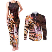 Polynesian Art Tattoo Couples Matching Tank Maxi Dress and Long Sleeve Button Shirt Plumeria Flowers Peach Gradient