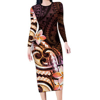 Polynesian Art Tattoo Family Matching Long Sleeve Bodycon Dress and Hawaiian Shirt Plumeria Flowers Peach Gradient