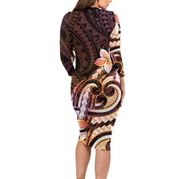 Polynesian Art Tattoo Family Matching Long Sleeve Bodycon Dress and Hawaiian Shirt Plumeria Flowers Peach Gradient