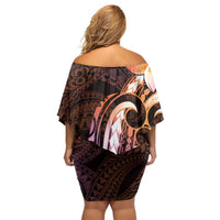 Polynesian Art Tattoo Family Matching Off Shoulder Short Dress and Hawaiian Shirt Plumeria Flowers Peach Gradient