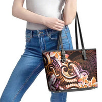 Polynesian Art Tattoo Leather Tote Bag Plumeria Flowers Peach Gradient