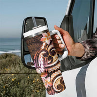 Polynesian Art Tattoo Tumbler With Handle Plumeria Flowers Peach Gradient