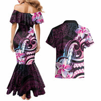 Polynesian Art Tattoo Couples Matching Mermaid Dress and Hawaiian Shirt Plumeria Flowers Pink Gradient