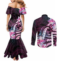 Polynesian Art Tattoo Couples Matching Mermaid Dress and Long Sleeve Button Shirt Plumeria Flowers Pink Gradient