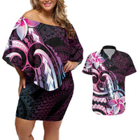 Polynesian Art Tattoo Couples Matching Off Shoulder Short Dress and Hawaiian Shirt Plumeria Flowers Pink Gradient