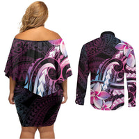 Polynesian Art Tattoo Couples Matching Off Shoulder Short Dress and Long Sleeve Button Shirt Plumeria Flowers Pink Gradient