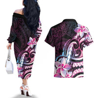 Polynesian Art Tattoo Couples Matching Off The Shoulder Long Sleeve Dress and Hawaiian Shirt Plumeria Flowers Pink Gradient