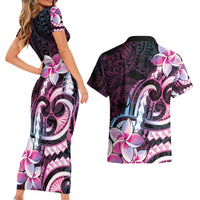 Polynesian Art Tattoo Couples Matching Short Sleeve Bodycon Dress and Hawaiian Shirt Plumeria Flowers Pink Gradient