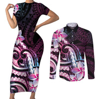 Polynesian Art Tattoo Couples Matching Short Sleeve Bodycon Dress and Long Sleeve Button Shirt Plumeria Flowers Pink Gradient