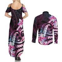 Polynesian Art Tattoo Couples Matching Summer Maxi Dress and Long Sleeve Button Shirt Plumeria Flowers Pink Gradient