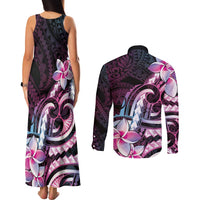 Polynesian Art Tattoo Couples Matching Tank Maxi Dress and Long Sleeve Button Shirt Plumeria Flowers Pink Gradient