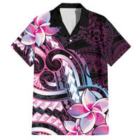 Polynesian Art Tattoo Family Matching Long Sleeve Bodycon Dress and Hawaiian Shirt Plumeria Flowers Pink Gradient