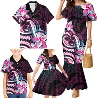 Polynesian Art Tattoo Family Matching Mermaid Dress and Hawaiian Shirt Plumeria Flowers Pink Gradient