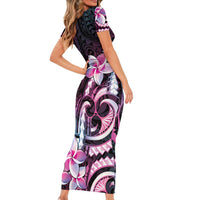 Polynesian Art Tattoo Family Matching Short Sleeve Bodycon Dress and Hawaiian Shirt Plumeria Flowers Pink Gradient