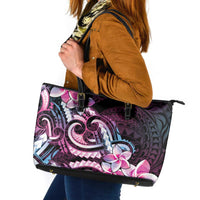 Polynesian Art Tattoo Leather Tote Bag Plumeria Flowers Pink Gradient