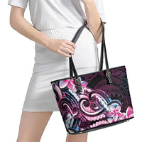 Polynesian Art Tattoo Leather Tote Bag Plumeria Flowers Pink Gradient