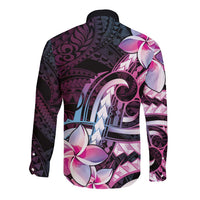 Polynesian Art Tattoo Long Sleeve Button Shirt Plumeria Flowers Pink Gradient