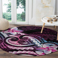 Polynesian Art Tattoo Round Carpet Plumeria Flowers Pink Gradient