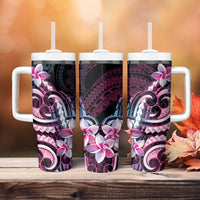 Polynesian Art Tattoo Tumbler With Handle Plumeria Flowers Pink Gradient