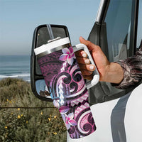 Polynesian Art Tattoo Tumbler With Handle Plumeria Flowers Pink Gradient