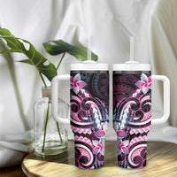 Polynesian Art Tattoo Tumbler With Handle Plumeria Flowers Pink Gradient