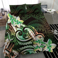 Polynesian Art Tattoo Bedding Set Plumeria Flowers Green Gradient