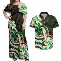 Polynesian Art Tattoo Couples Matching Off Shoulder Maxi Dress and Hawaiian Shirt Plumeria Flowers Green Gradient