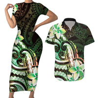 Polynesian Art Tattoo Couples Matching Short Sleeve Bodycon Dress and Hawaiian Shirt Plumeria Flowers Green Gradient