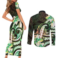 Polynesian Art Tattoo Couples Matching Short Sleeve Bodycon Dress and Long Sleeve Button Shirt Plumeria Flowers Green Gradient