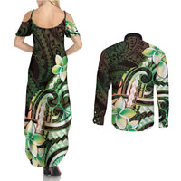 Polynesian Art Tattoo Couples Matching Summer Maxi Dress and Long Sleeve Button Shirt Plumeria Flowers Green Gradient