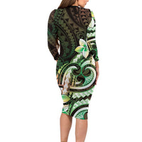 Polynesian Art Tattoo Family Matching Long Sleeve Bodycon Dress and Hawaiian Shirt Plumeria Flowers Green Gradient