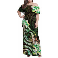 Polynesian Art Tattoo Family Matching Off Shoulder Maxi Dress and Hawaiian Shirt Plumeria Flowers Green Gradient