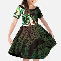 Polynesian Art Tattoo Family Matching Short Sleeve Bodycon Dress and Hawaiian Shirt Plumeria Flowers Green Gradient
