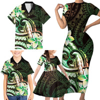 Polynesian Art Tattoo Family Matching Short Sleeve Bodycon Dress and Hawaiian Shirt Plumeria Flowers Green Gradient