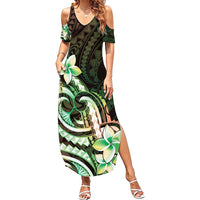 Polynesian Art Tattoo Family Matching Summer Maxi Dress and Hawaiian Shirt Plumeria Flowers Green Gradient