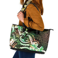 Polynesian Art Tattoo Leather Tote Bag Plumeria Flowers Green Gradient