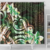 Polynesian Art Tattoo Shower Curtain Plumeria Flowers Green Gradient