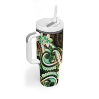 Polynesian Art Tattoo Tumbler With Handle Plumeria Flowers Green Gradient