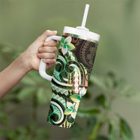 Polynesian Art Tattoo Tumbler With Handle Plumeria Flowers Green Gradient