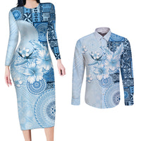 Hawaii Tapa Pattern With Blue Hibiscus Couples Matching Long Sleeve Bodycon Dress and Long Sleeve Button Shirt