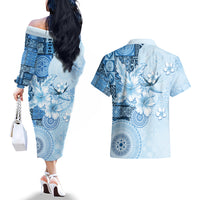 Hawaii Tapa Pattern With Blue Hibiscus Couples Matching Off The Shoulder Long Sleeve Dress and Hawaiian Shirt