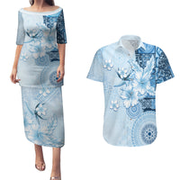Hawaii Tapa Pattern With Blue Hibiscus Couples Matching Puletasi and Hawaiian Shirt