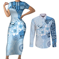 Hawaii Tapa Pattern With Blue Hibiscus Couples Matching Short Sleeve Bodycon Dress and Long Sleeve Button Shirt