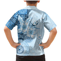 Hawaii Tapa Pattern With Blue Hibiscus Family Matching Mermaid Dress and Hawaiian Shirt
