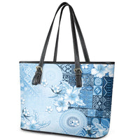 Hawaii Tapa Pattern With Blue Hibiscus Leather Tote Bag