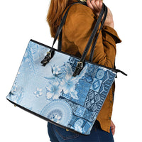 Hawaii Tapa Pattern With Blue Hibiscus Leather Tote Bag