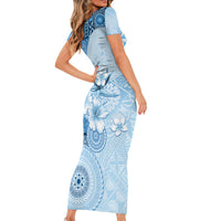 Hawaii Tapa Pattern With Blue Hibiscus Short Sleeve Bodycon Dress