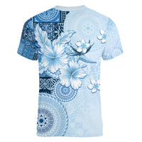 Hawaii Tapa Pattern With Blue Hibiscus Women V-Neck T-Shirt LT05 - Polynesian Pride