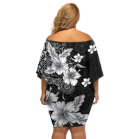 Hawaii Tapa Pattern With Black Hibiscus Family Matching Off Shoulder Short Dress and Hawaiian Shirt